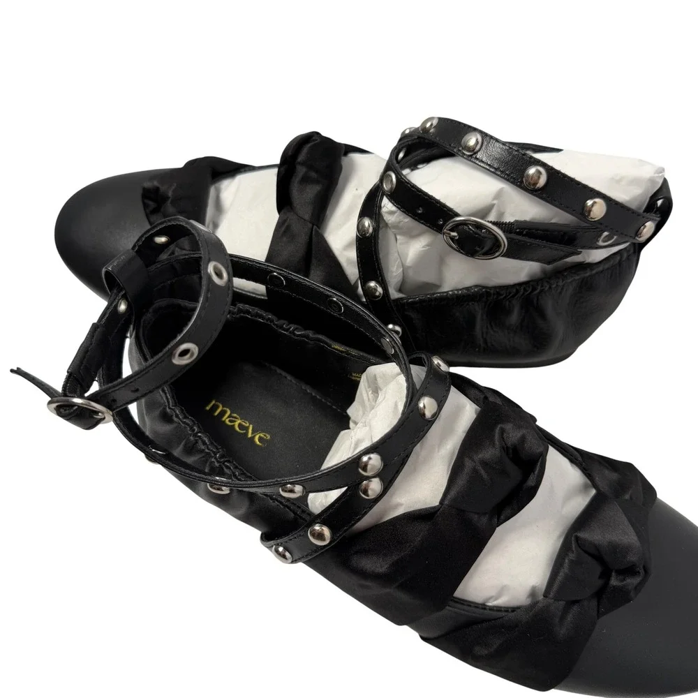 NIB Anthropologie Maeve Moto Ballet Flats EU 38/7-7.5 Black Leather Studded $178